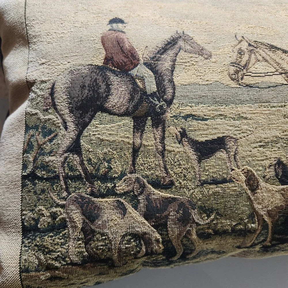 Ashford Court Vtg Set of 2 Equestrian Fox Hunt Tapestry Pillows Hounds Horses